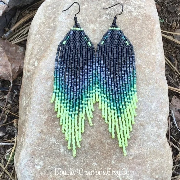 𝅺Black and Lime Green Beaded Earrings with Fringe, New, Handmade by Me - Picture 8 of 11